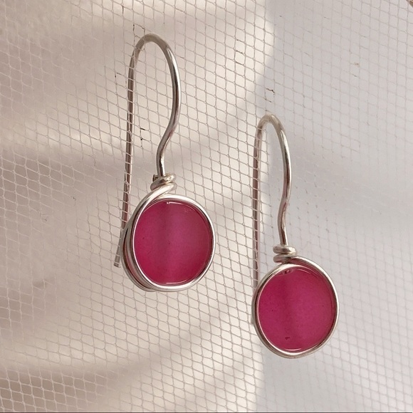 PINK & Silver Wire Wrapped Minimalist Earrings - Picture 4 of 15